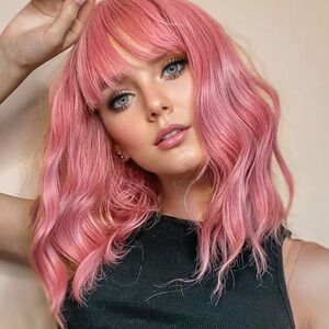 Curly loose bob Wig Wavy pink purple women bangs Cosplay Party
